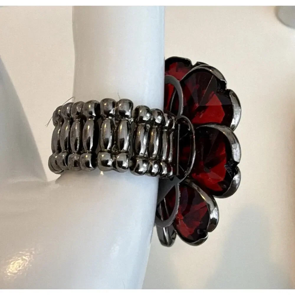 Vintage Silver Tone Red Flower Cocktail Ring Wide Band Clear Center Stone Size 8